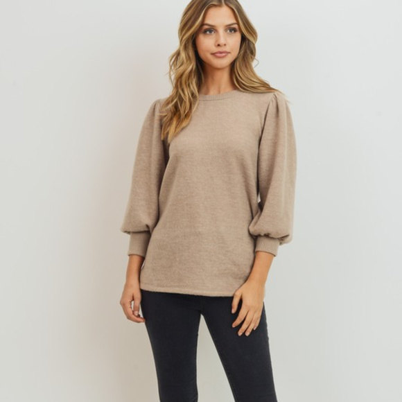 Sweaters - Wool Brush Puff Shoulder Soft Knit Sweater -Taupe